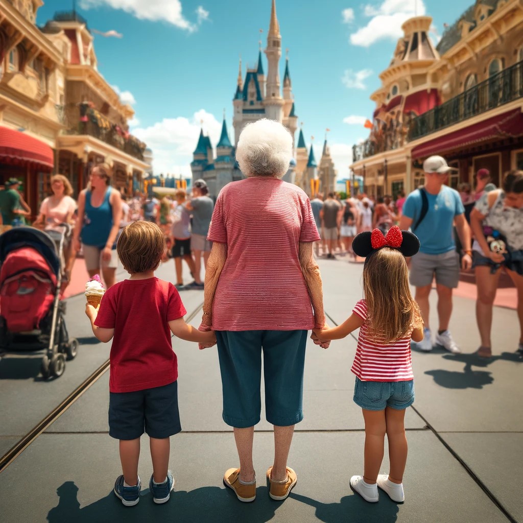 Grandmother with grandkids in Disney World | Source: DALL-E